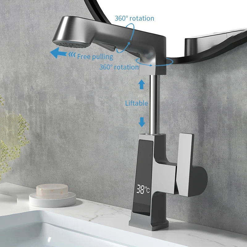 New 360 Degree Rotary Brass Basin Tap Gun Grey Pull Out Hot and Cold Bathroom Faucet with Temperature Digital Display