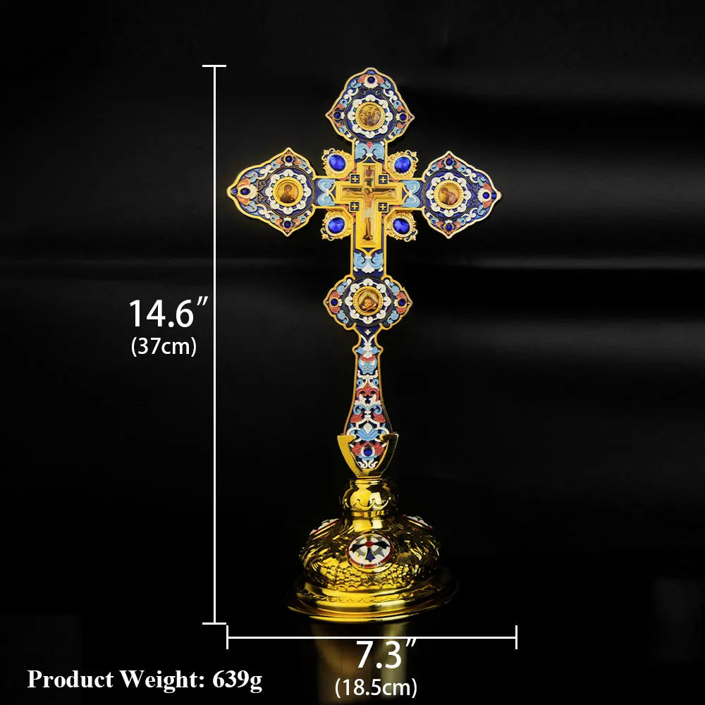 HT 2026 New Metal Cross Religious Jesus Icon Alloy Cross Standing Crucifix Decorative Orthodox Hand Cross Religious Gift