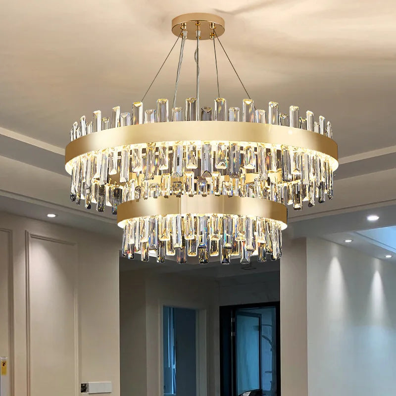Classic Modern Luxury Villa Round Wedding Crystal LED Chandelier Light for Hotel Livingroom Adjustable Height Pendant Lamp