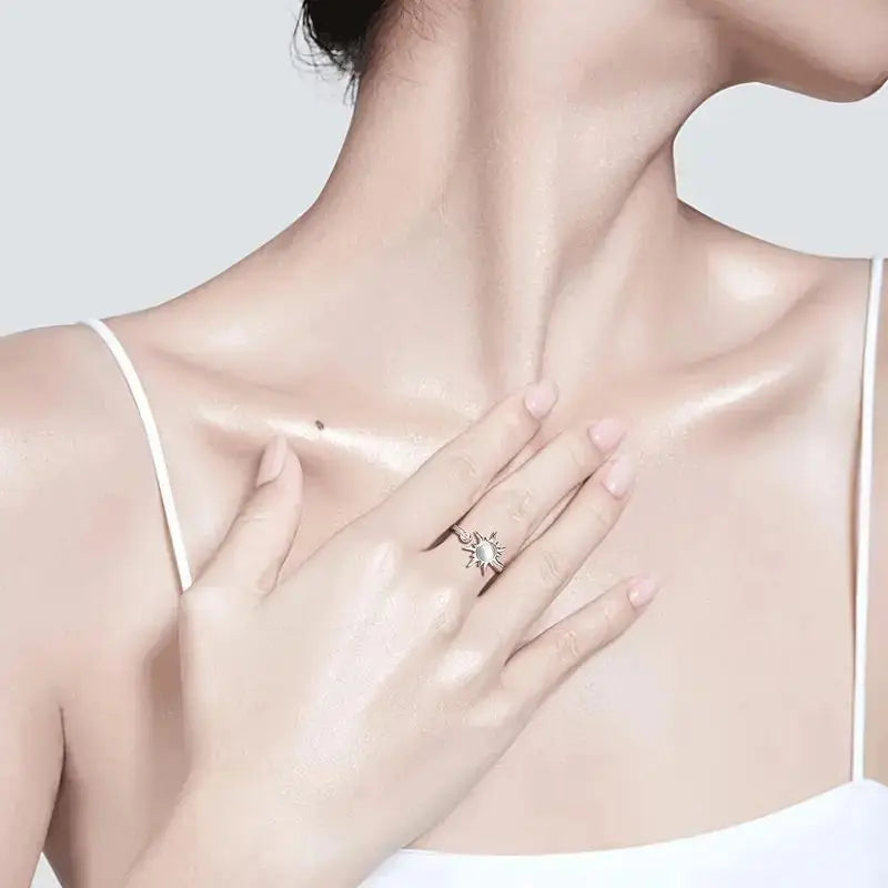 Fine Jewelry Rings Adjustable Opan Band 925 Sterling Silver Ring Moonstone Sunflower Rotating Fidget Design