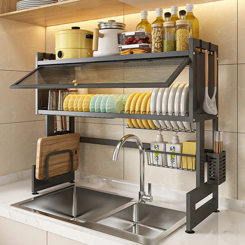 Over Sink Dish Drainer Drying Rack Removable 3 Tier Large Cutlery Shelf  with Dustproof Cover Kitchen Storage Counter Organizers