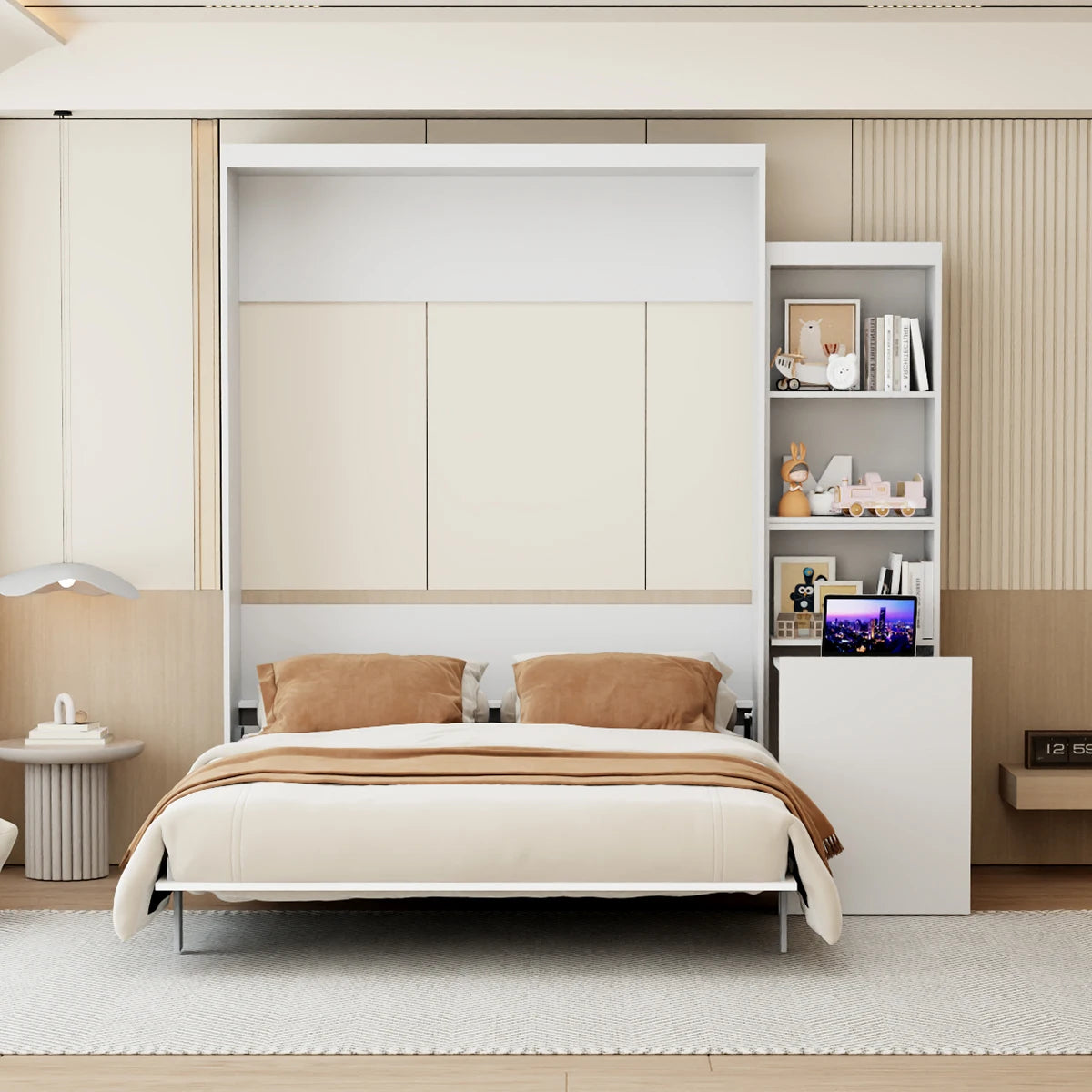 US in Stock Queen Size Modern Design Wood Frame Foldable Shelf Drawers Bedroom Guestroom White Wall Bed Space Saving Hidden Bed