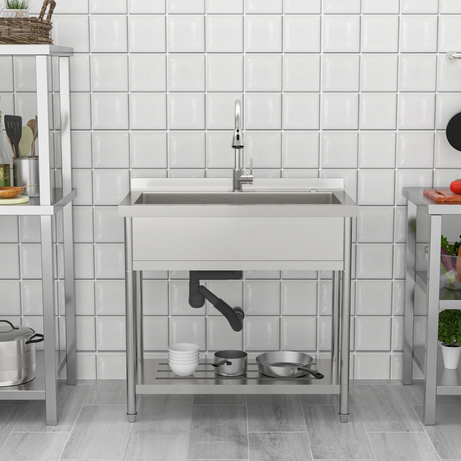 Commercial Stainless Steel Single Bowl Freestanding with Pull-Out Faucet for Laundry Indoor and Outdoor Sink Pet Cleaning