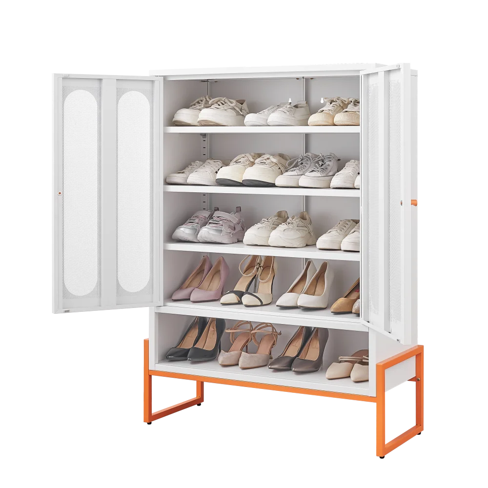 Modern Minimalist Double Door Shoe Cabinet with Adjustable Mesh Doors and High Foot Hollow Storage Cabinet Bottom