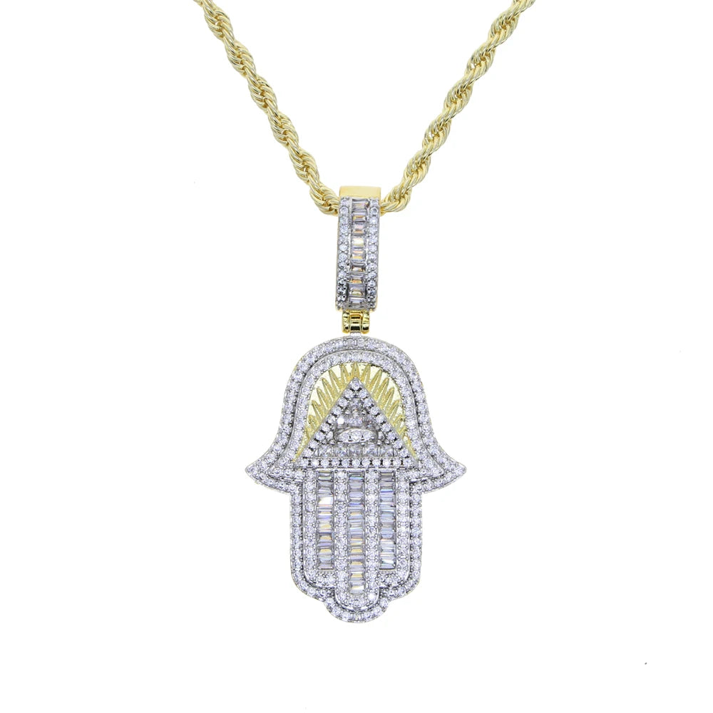 Hamsa Hand Pendant Collection Micro Pave 5a Cz Hip Hop Men Bling Lucky Turkish Jewelry Necklace