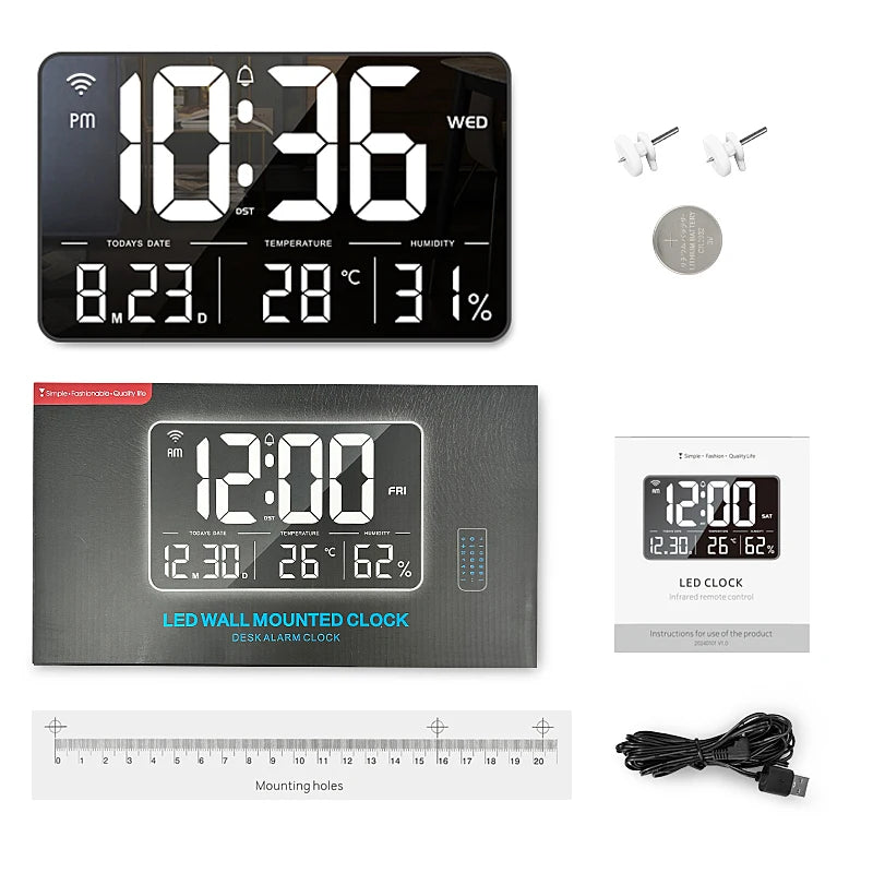 Digital LCD 13inch Mobile Phone App Operation Day Date Temperature Humidity WiFi Weather Desktop and Wall Alarm Clock