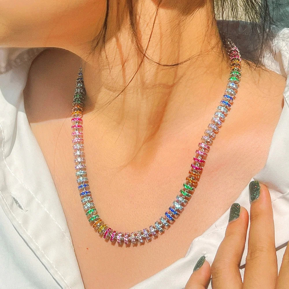 Luxury Zircons Super Luxury Chunky Colorful Cubic Zircon Paved Round Tennis Chain Iced Out CZ Necklace for Women Jewelry