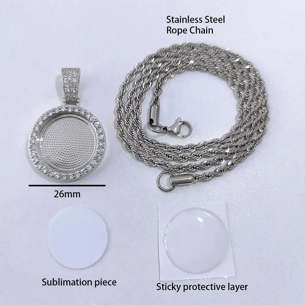 Hip Hop Custom Sublimation Necklace Blanks Bling Iced Out Custom Photo Pendant Diy Sublimation Pendant Necklace