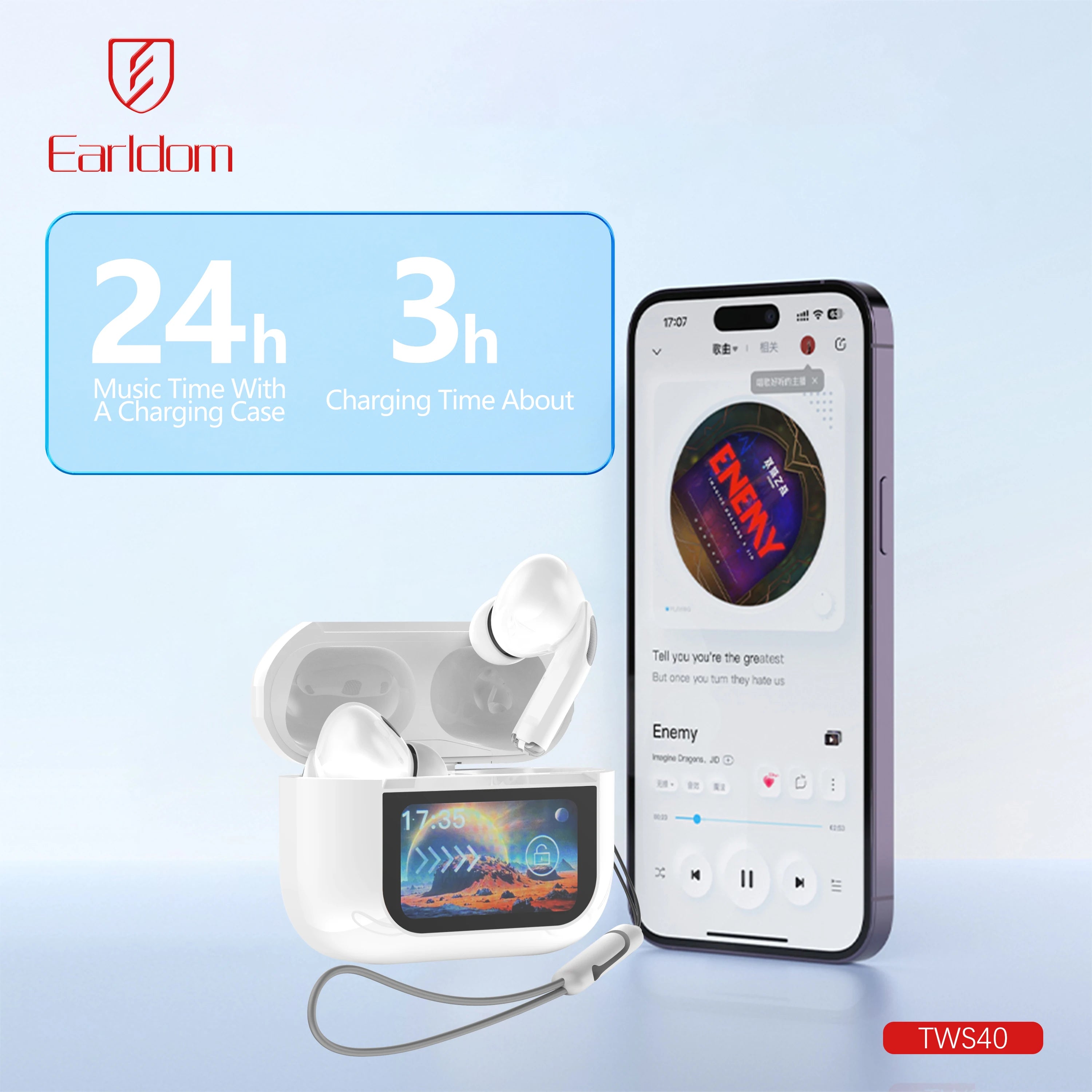 Earldom ANC ENC Tws Earbuds with Digital LCD Touch Control Screen Wireless In-Ear Headphones High Quality Noise Cancelling