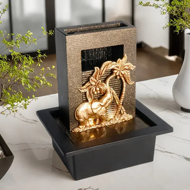 Indoor Elephant Desktop Fountain and Waterfall, Golden Elephant Waterfall Decoration, Perfect for Home Display on TV Stands