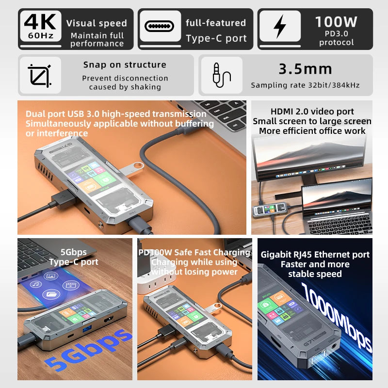 G71 7 in 1 Aluminum Alloy Office Docking Station Smart Screen Display for 2.0 Type-C to USB 3.0 HUB PD100W Adapter in Stock