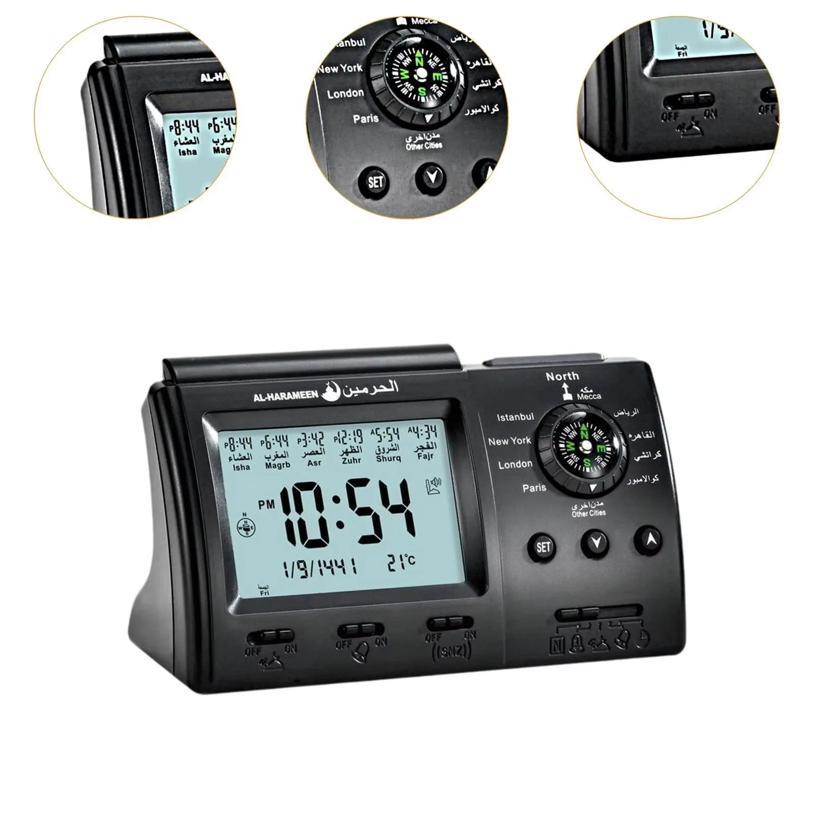 Muslim Tabletop Clock w Adhan Alarm Islamic Azan Time for Prayer Qiblah Direction Temp Display LED Light Hijir Calendar