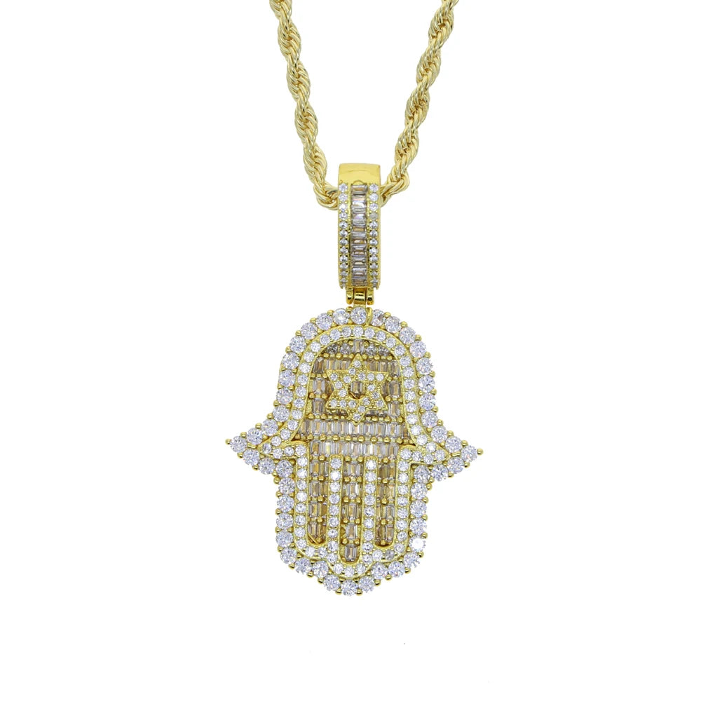 Hamsa Hand Pendant Collection Micro Pave 5a Cz Hip Hop Men Bling Lucky Turkish Jewelry Necklace