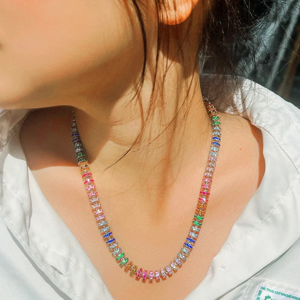 Luxury Zircons Super Luxury Chunky Colorful Cubic Zircon Paved Round Tennis Chain Iced Out CZ Necklace for Women Jewelry