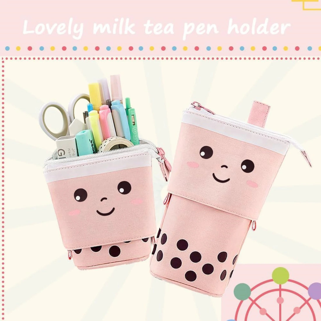 Milk Tea Design Expandable Canvas Pencil Case Portable Multi-Function Storage Organizer for School Desktop Drawer Organizers