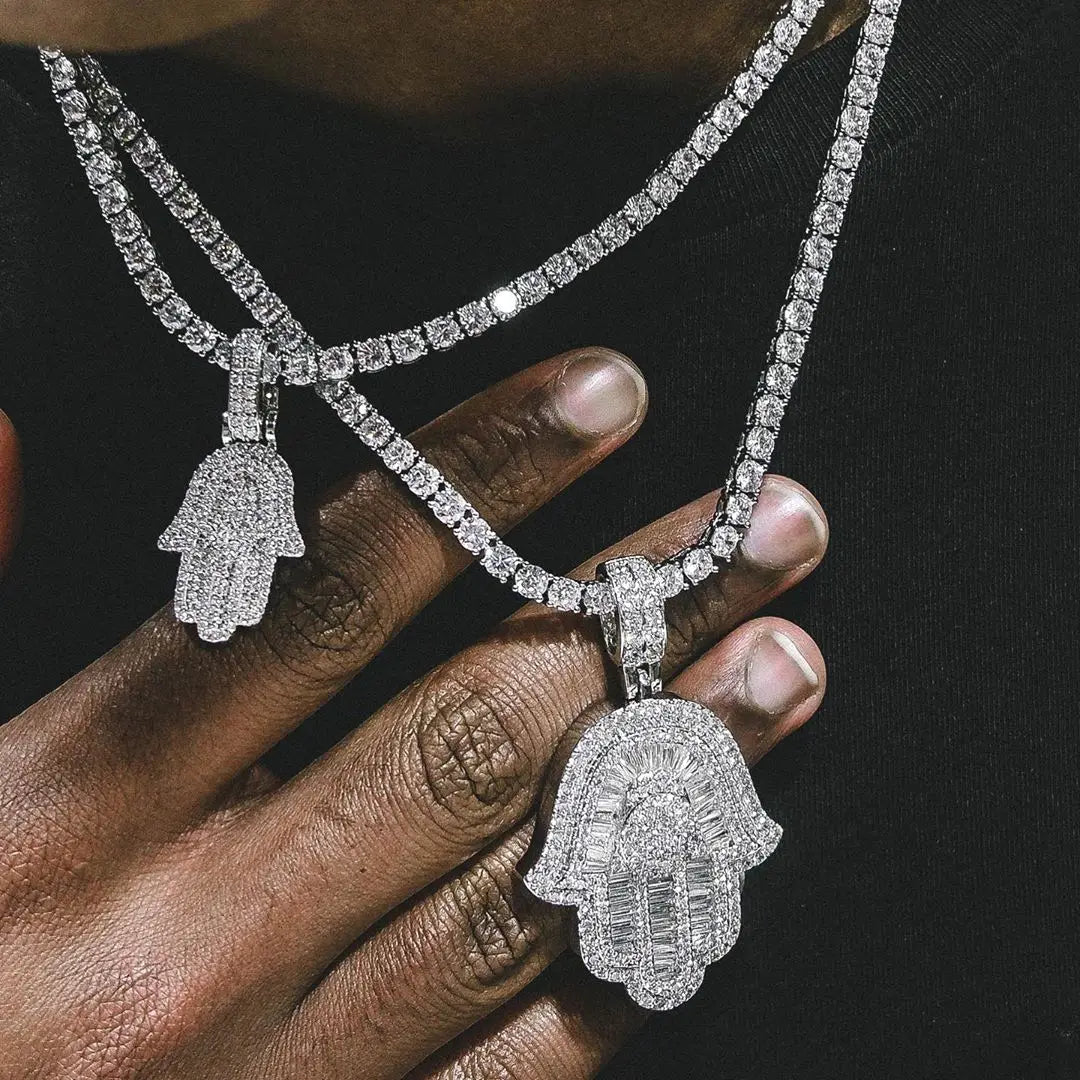 Hamsa Hand Pendant Collection Micro Pave 5a Cz Hip Hop Men Bling Lucky Turkish Jewelry Necklace