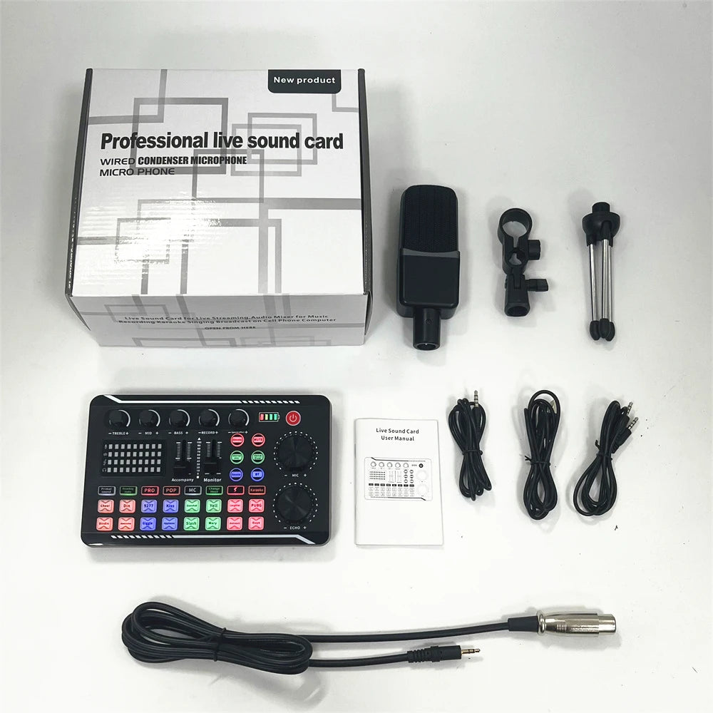 Podcast Equipment Bundle Sound Card DJ Mixer Portable ALL-IN-ONE Podcast Production Studio Sound Board with Condenser Microphone