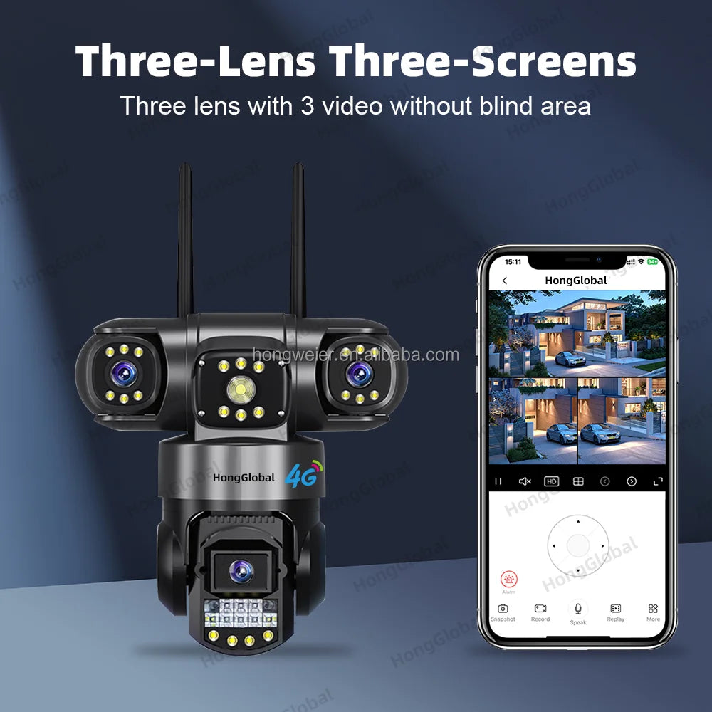 HongGlobal 6MP Wireless Surveil 4G LTE CCTV PTZ Smart Security Camera V380 Pro Three Lenses 4G Sim Card Outdoor Network Camera