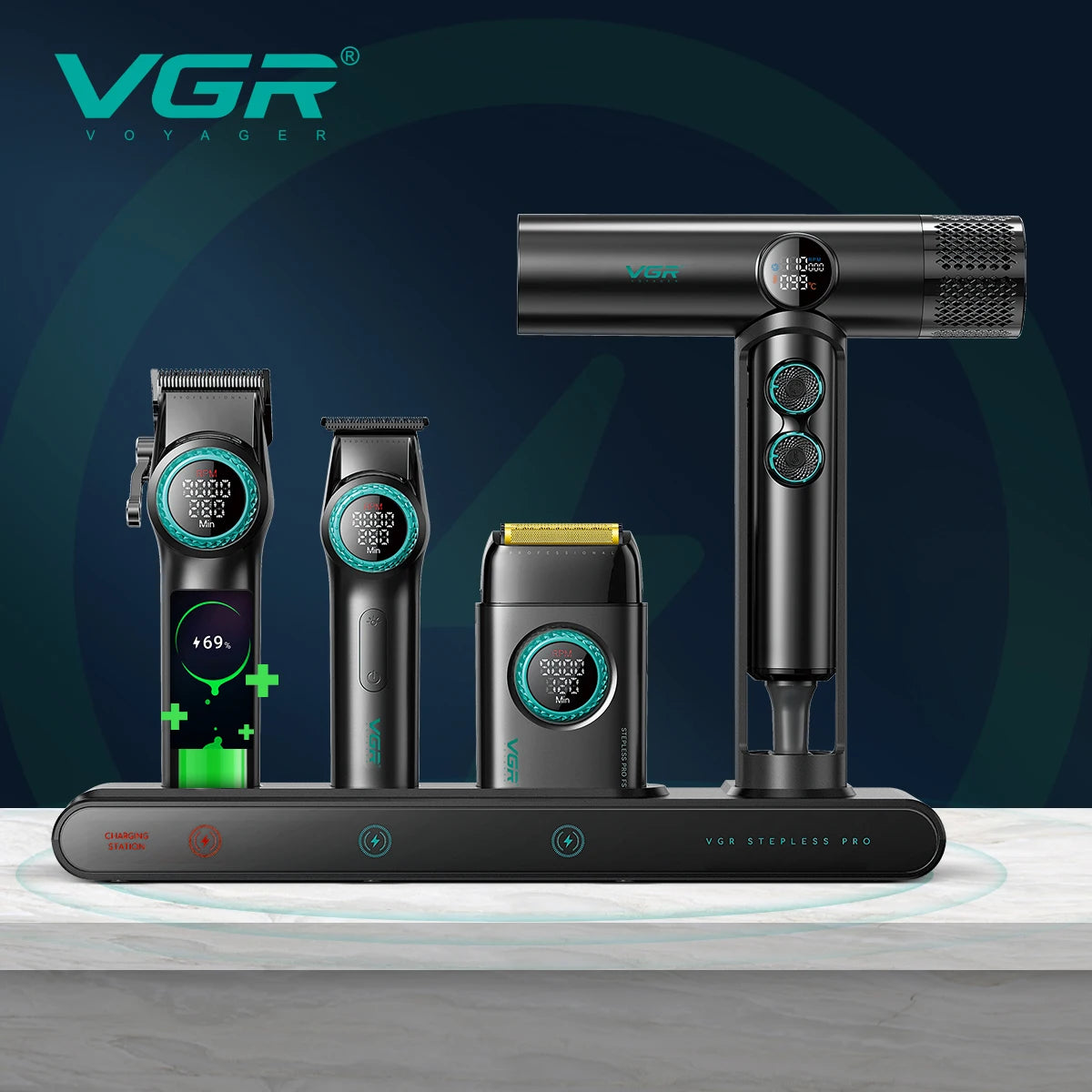 VGR 4IN1 Steplerss PRO 9000RPM Hair Clipper Trimmer Hair Dryer 11000RPM High Speed Professional Barber Tools Kit