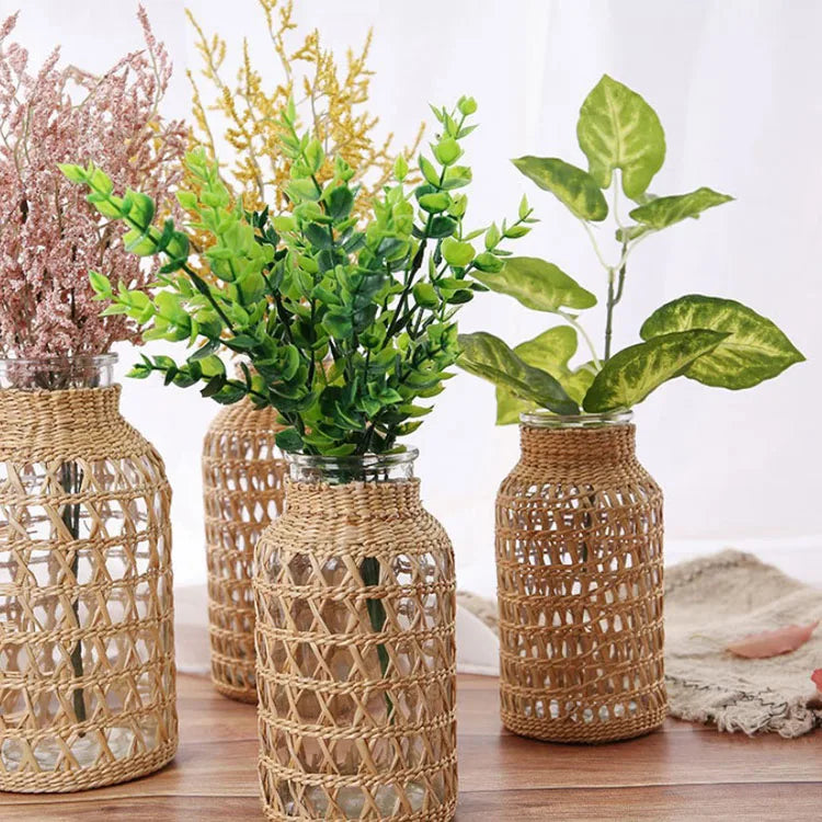 Home Decoration American Style Rustic Clear Woven Linen Woven Vase Glass for Garden Lass Rattan Vase