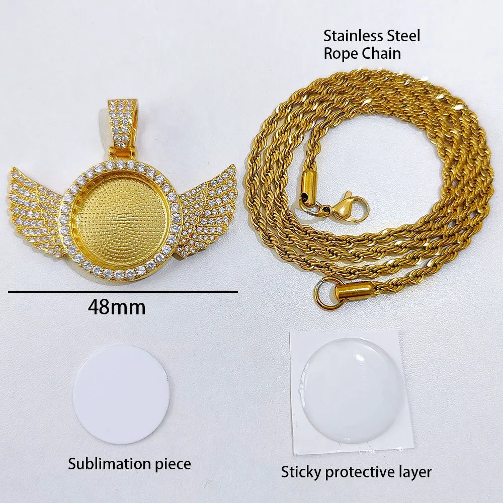 Hip Hop Custom Sublimation Necklace Blanks Bling Iced Out Custom Photo Pendant Diy Sublimation Pendant Necklace