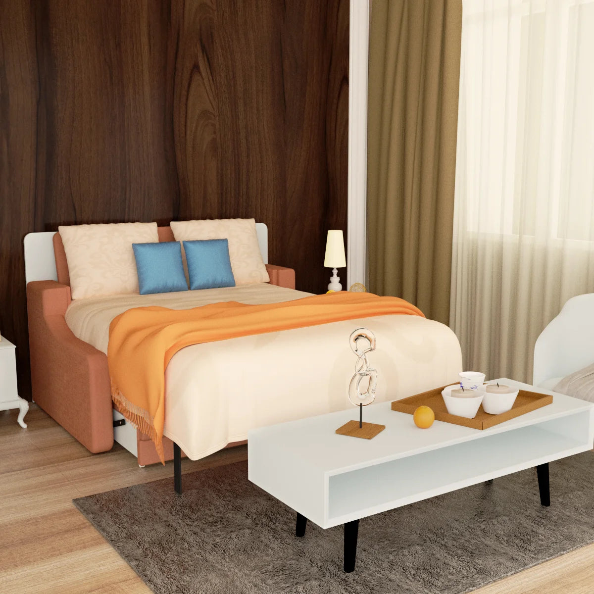 Modern Transformable Folding Sofa Wall Bed Space-Saving US Stock Bedroom Furniture with Wood Panel Style