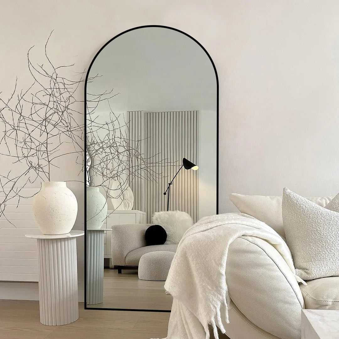 Modern European Extra Large Arch Full Body Length Silver Metal Framed Lighted Decorative Floor Mirror
