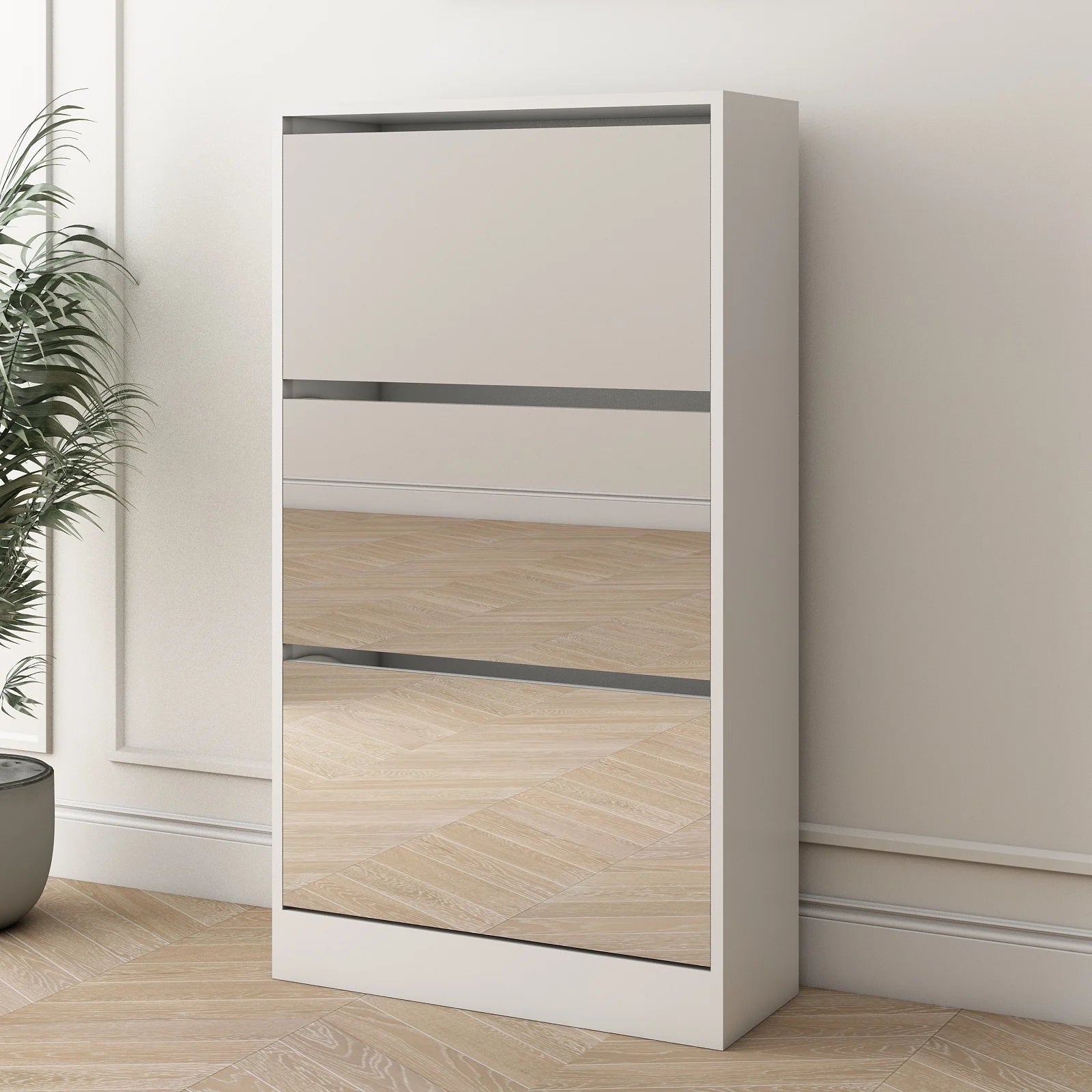 Modern Narrow Convertible Shoe Storage Cabinet Mirror MDF+Glass Slim 3-Tier Shoe Rack for Living Room Apartment Home Furniture