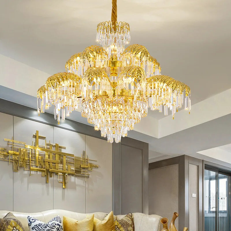 Large Classical 2 Layers Palm Tree Brass and Crystal Chandelier for Hotel