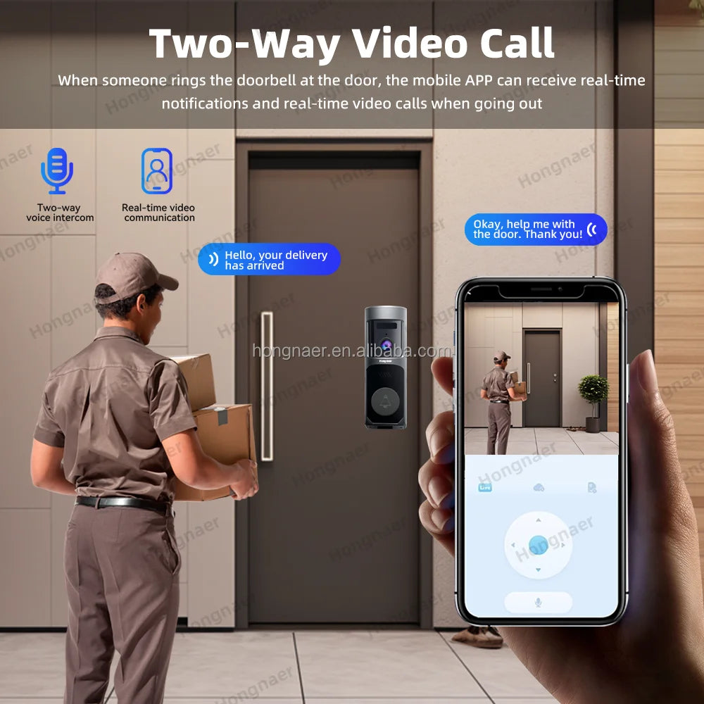 Hongnaer 2MP WiFi House Battery Intercom Intelligent Door Bell Ring Doorbell Camera ICam365 WiFi Smart Wireless Video Doorbell