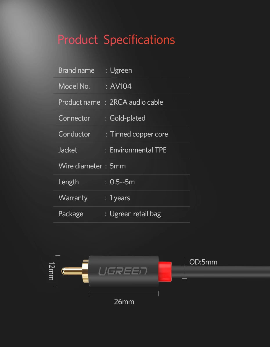 UGREEN RCA Stereo Cable 2 RCA Male to 2RCA Male Stereo Audio Cable for Home Theater HDTV Amplifiers Hi-Fi Systems Audio Cable