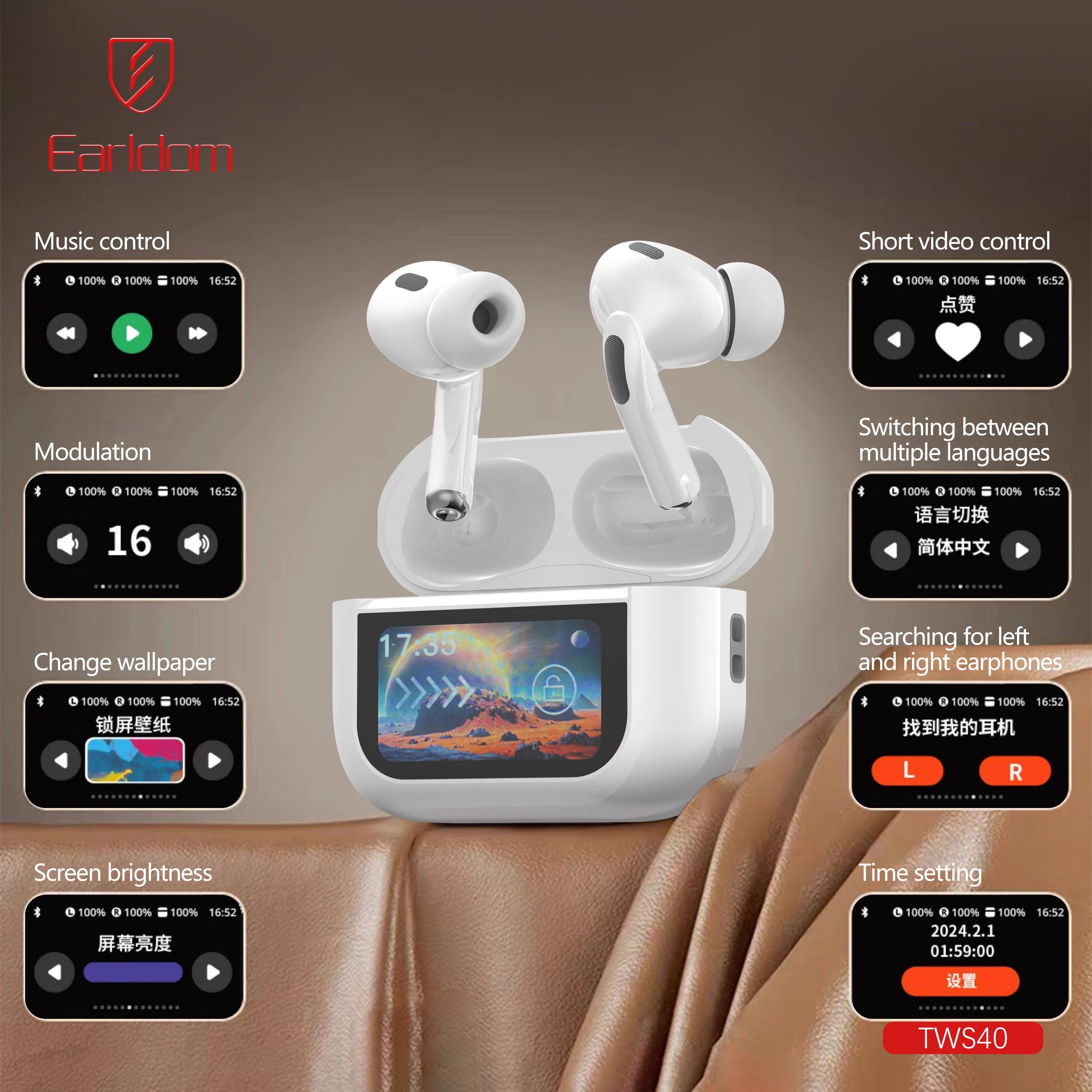 Earldom ANC ENC Tws Earbuds with Digital LCD Touch Control Screen Wireless In-Ear Headphones High Quality Noise Cancelling