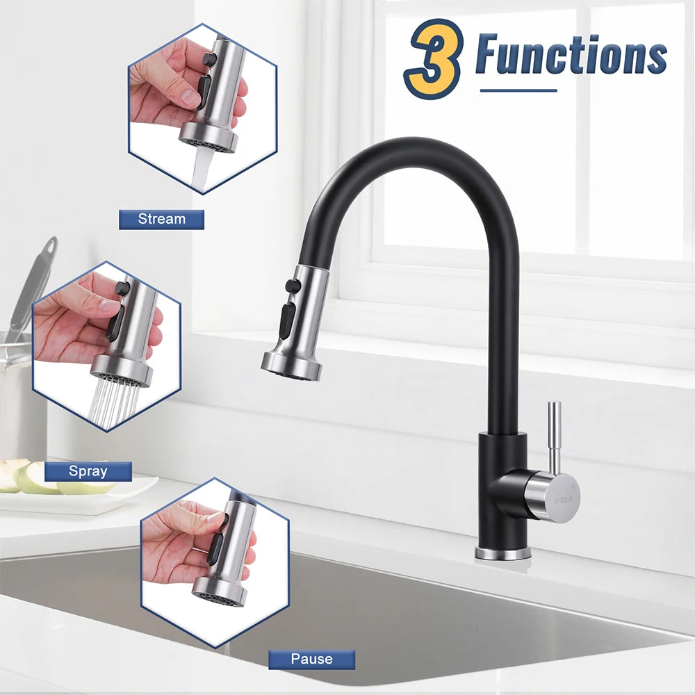 Single Level Stainless Steel Kitchen Sink Faucet with Pull Out Sprayer,for Laundry Rv Bar,Nickel Black Kitchen Mixer Tap
