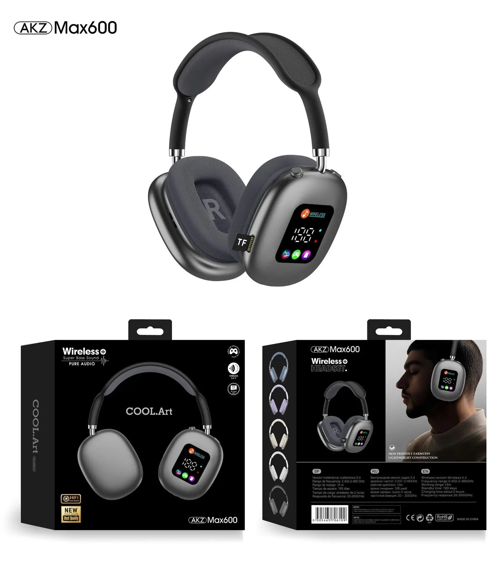 Factory Private Model Headband Dynamic Wireless Earphones RGB Lighting IPX5 Waterproof Screen On-ear & Over-ear Headphones