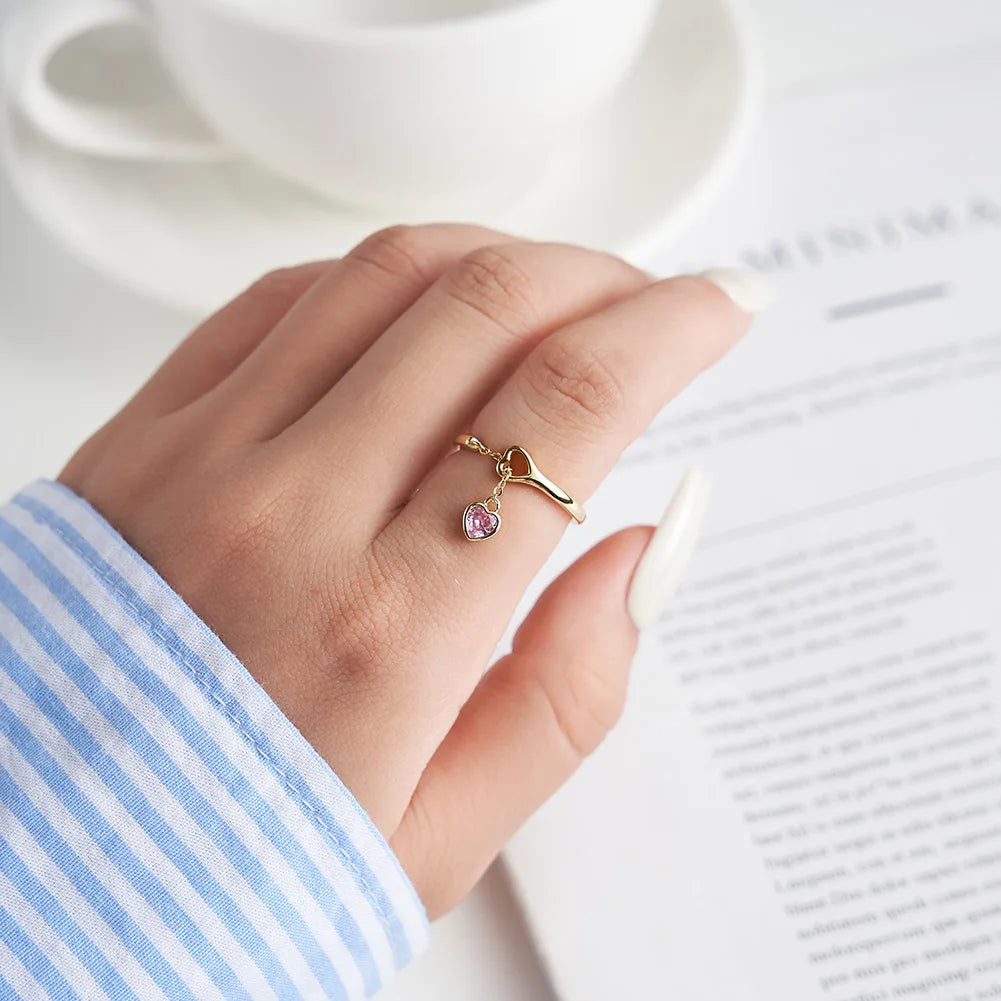 RINNTIN SR332 USA Local Stock Fine Jewelry Tassel Chain Heart Zircon Finger Ring S925 Sterling Silver Adjustable Ring for Women