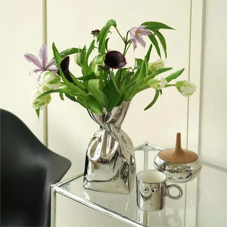 Silver Plated White Ceramic Vase for Interior Design Customized for Hotels and Modern Home Nordic Style Factory Wholesale