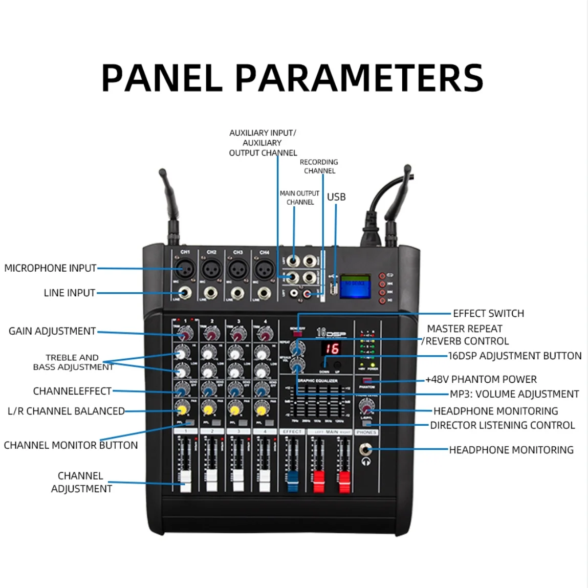 Professional Build-in Power Amplifier 4 Way Audio Mixer with Dual Wireless Microphones 4 Channel Power Powered Audio Mixer