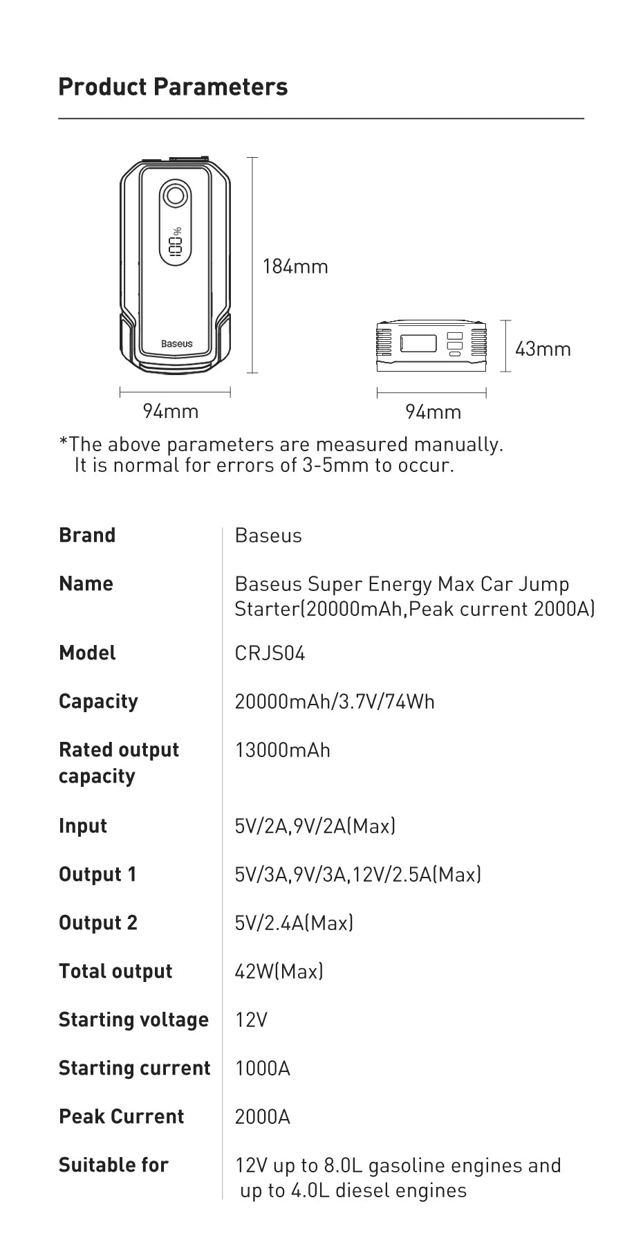 Baseus Car Jump Starter Power Bank 2000A / 1000A 12V Portable Battery Charger Auto 12V Emergency Booster Starting Device