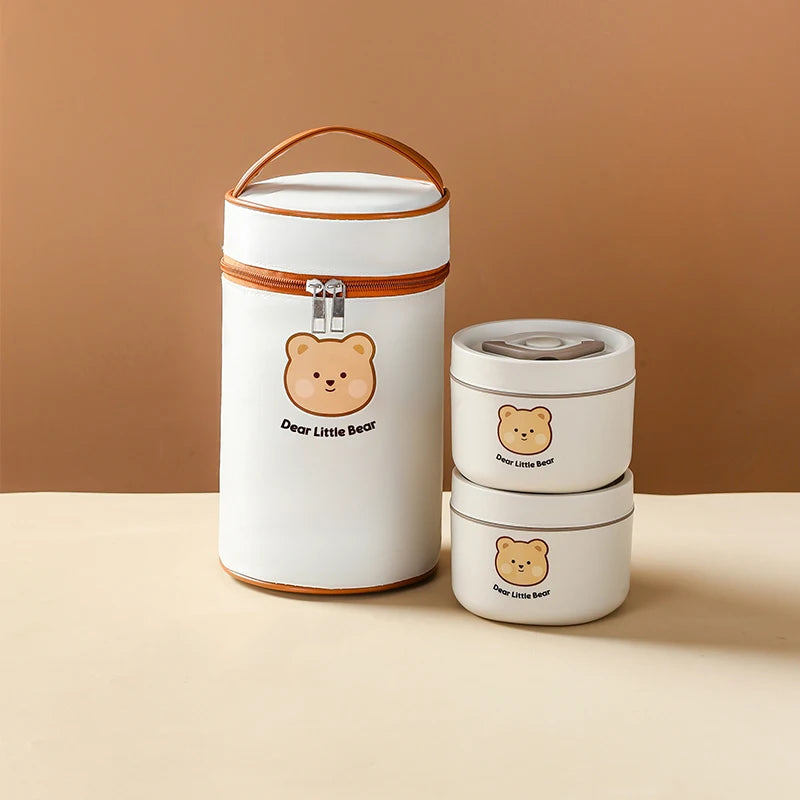 Cute Kid-Sized School Lunch Box Portable 304 Stainless Steel Vacuum Soup Container with Insulated Bag for Hot Food Storage