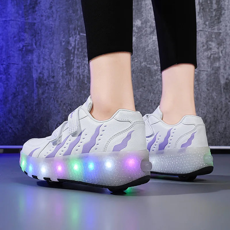 Ponerait Boys and Girls Sport Shoes LED Light Luminous Walking Shoes with Wear-Resistant Pulley Children's Two-Wheel Wearable