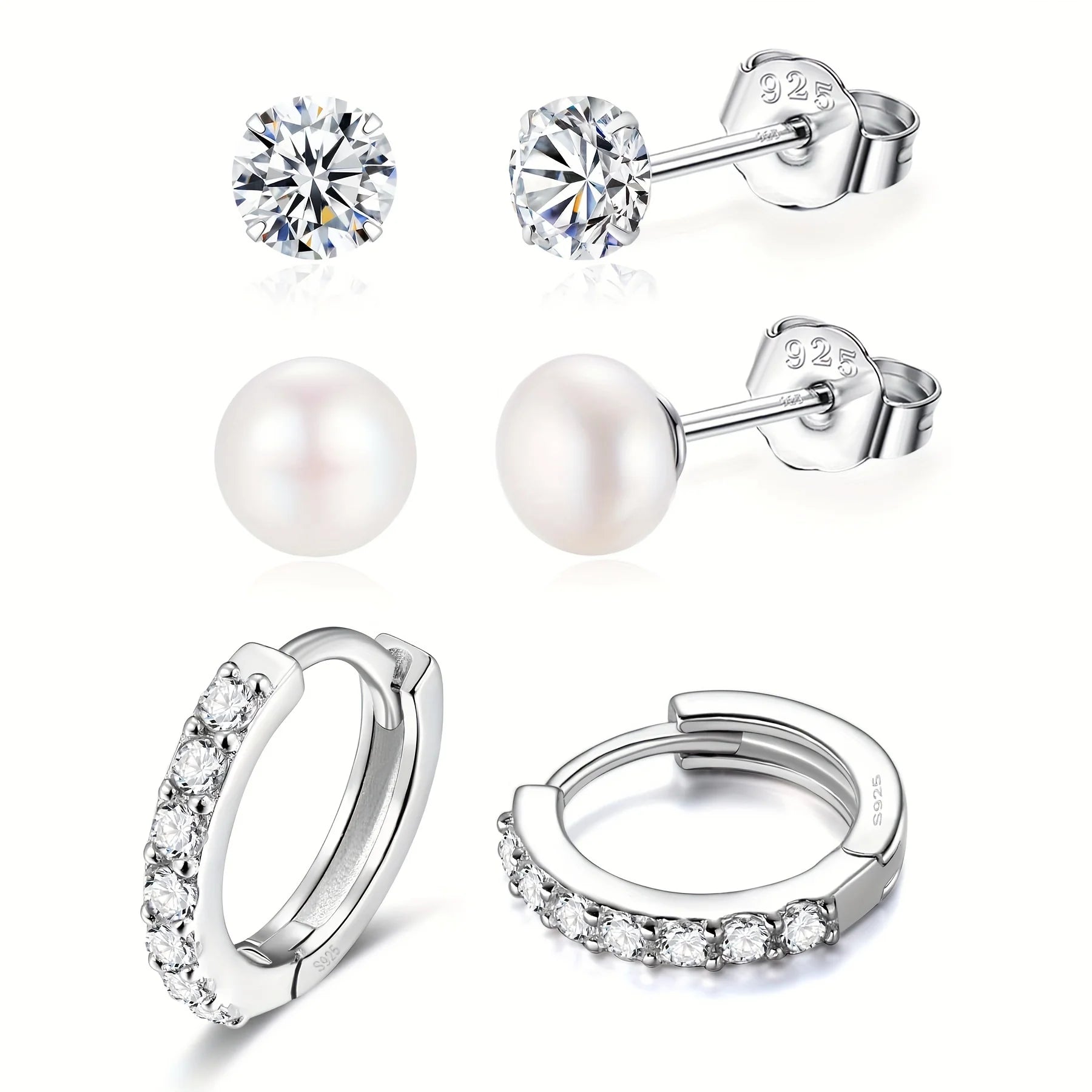 3Pairs Fine Jewelry Earings Set for Women 925 Sterling Silver CZ Freshwater Pearl Earrings Cartilage Studs Hoop Earring