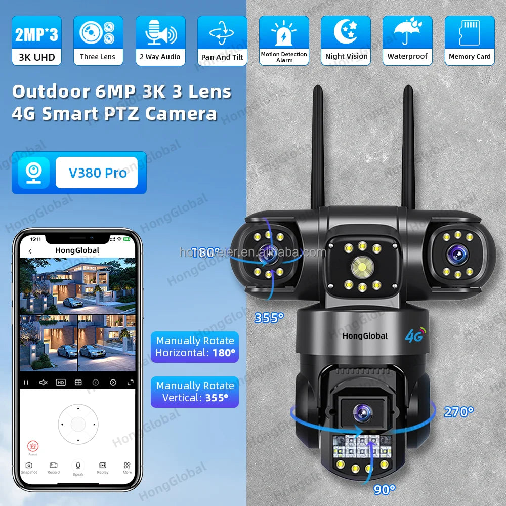 HongGlobal 6MP Wireless Surveil 4G LTE CCTV PTZ Smart Security Camera V380 Pro Three Lenses 4G Sim Card Outdoor Network Camera