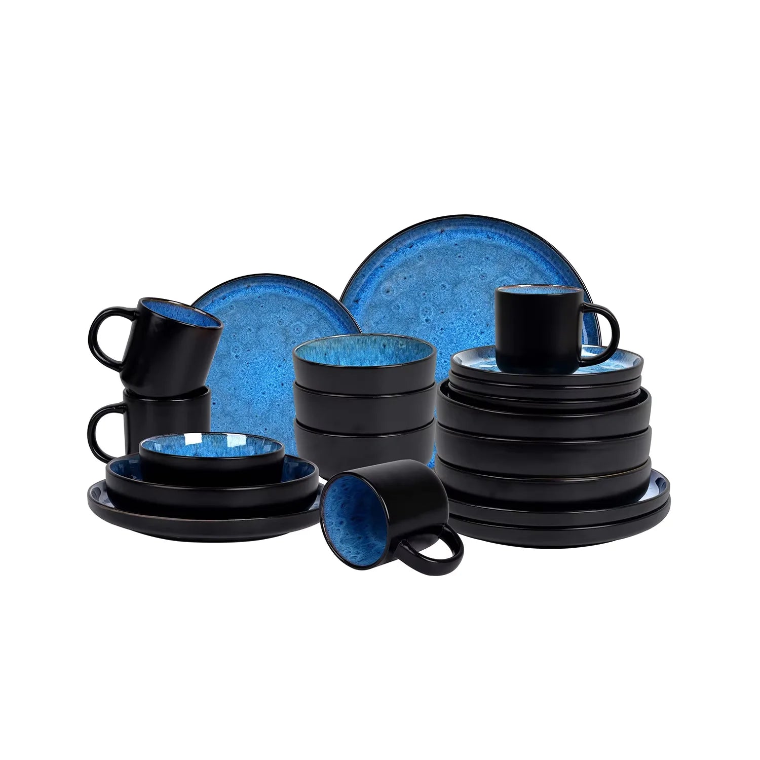 Best Selling Microwave Oven Compatible and Oven Safe Blue Foam 20 Piece Tableware Set Reactive Glaze Stone Tool Tableware Set