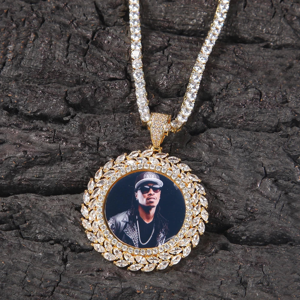 Bling CZ Custom Circle Sublimation Photo Pendant Hip Hop Picture Pendant Necklace With Tennis Chain Rope Chain