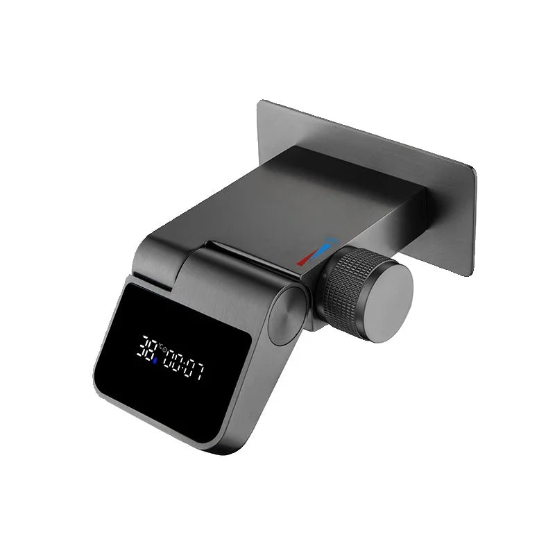 Intelligent Digital Display Concealed Bathroom Faucet Brass Wall-Mounted Folding Waterfall Hot Cold Basin Faucet Thermostatic