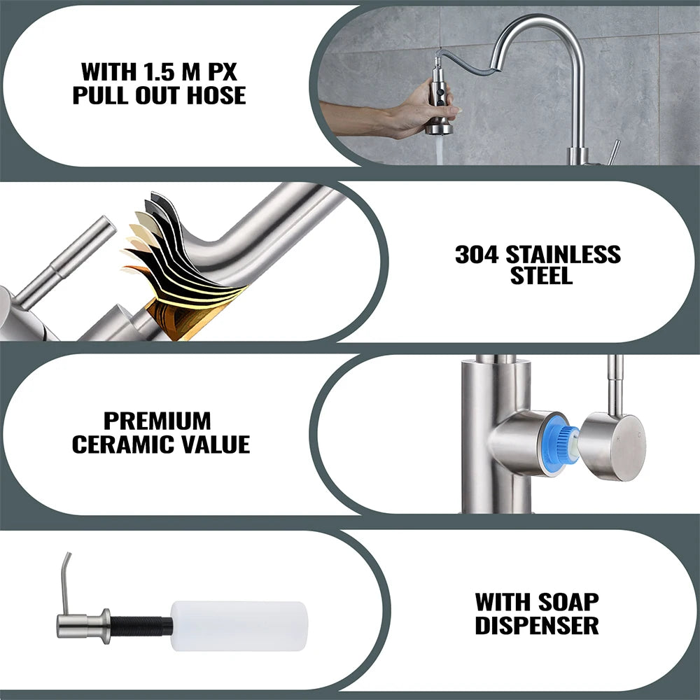 Modern Kitchen Faucet with Soap Dispenser,Nickel Kitchen Mixer Tap Stainless Steel Sink Faucet for Sink RV Laundry Bar