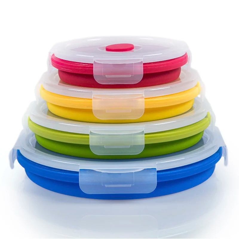 BPA Free Collapsible Silicone Folding Lunch Box with Plastic Lid for Food Storage in Kitchen