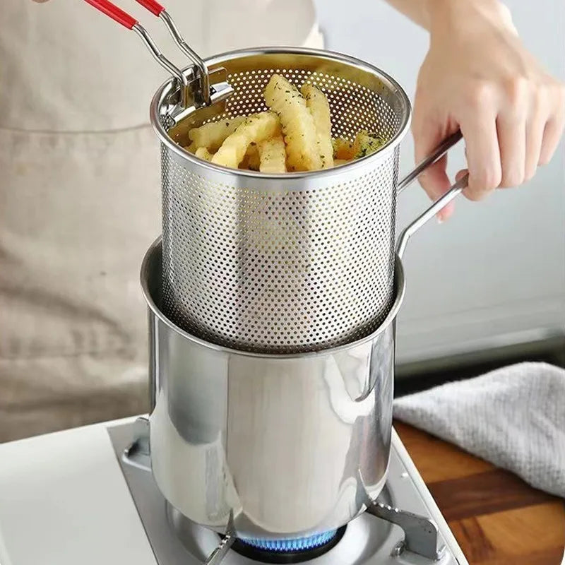 Stainless Steel Oil Fryer Frying Basket Household Tempura Mini Oil Pot Temperature Control Deep Pot Filter Kitchen Gadget