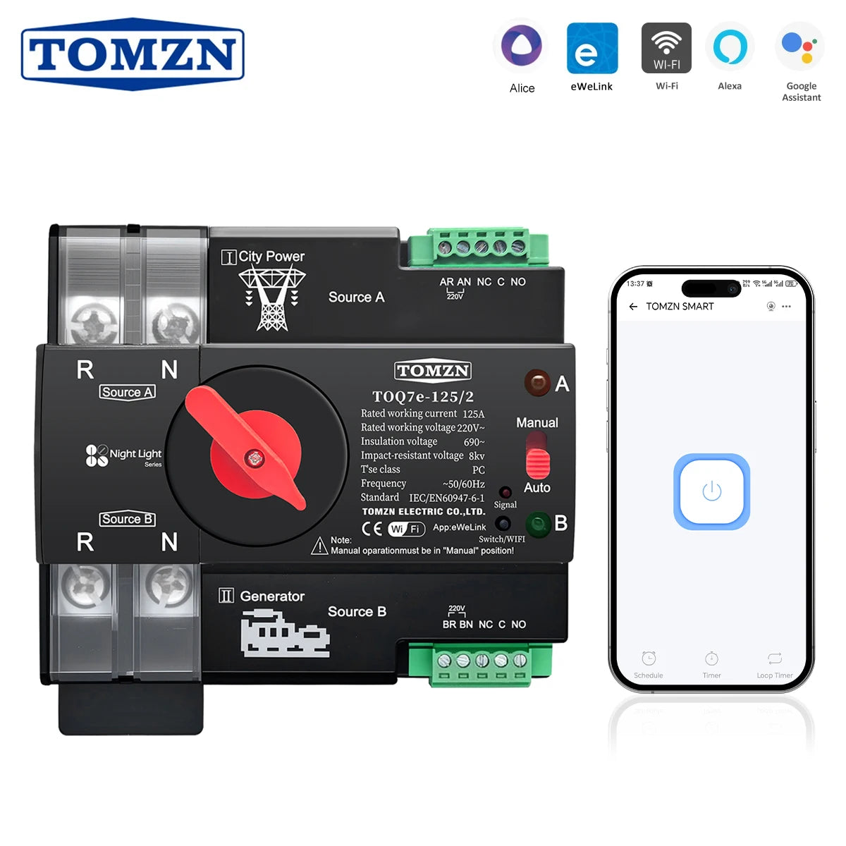 TOMZN Din Rail EWelink WIFI Smart ATS Timer 230V Dual Power Automatic Transfer Electrical Selector Switch Uninterrupted 2P 125A
