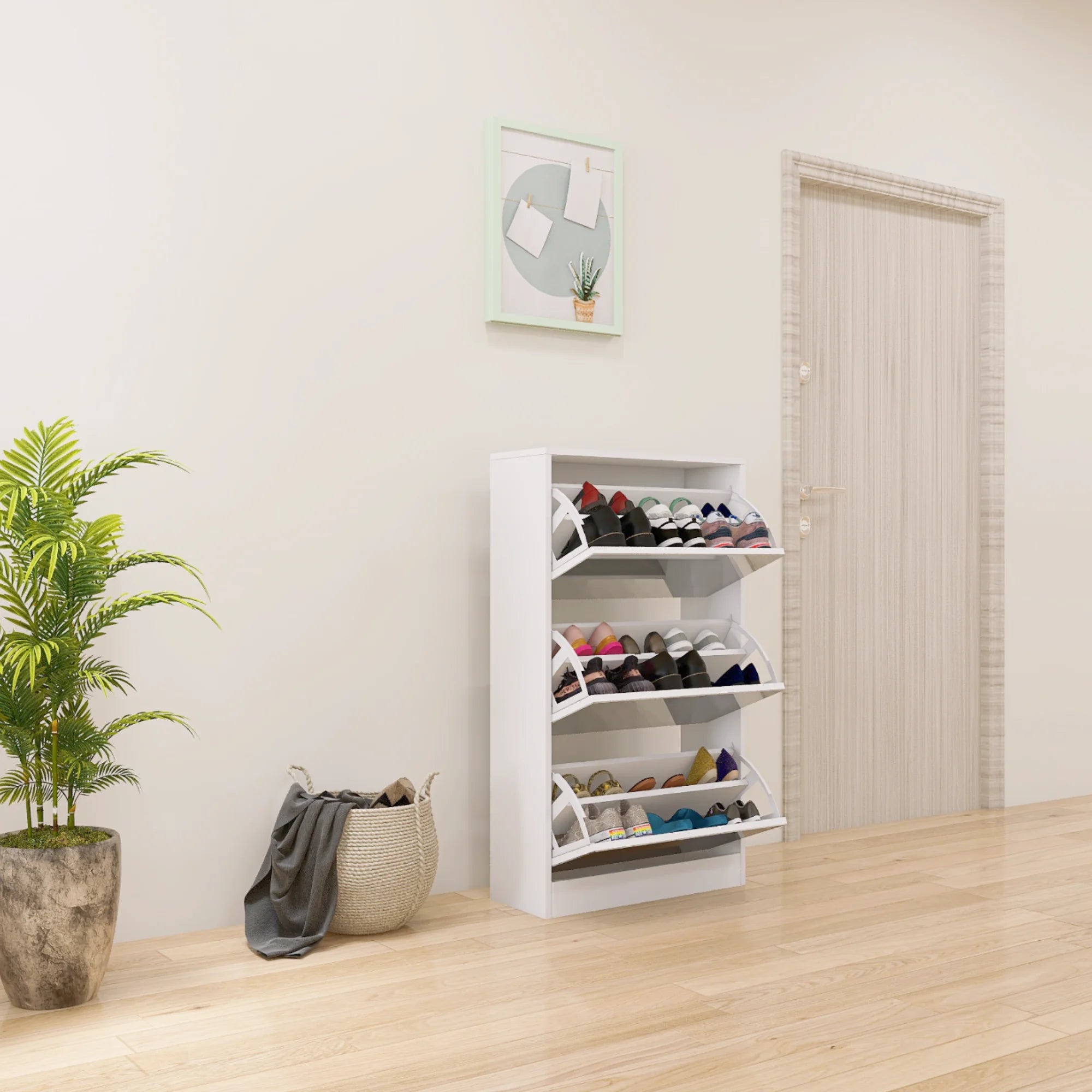 Modern Narrow Convertible Shoe Storage Cabinet Mirror MDF+Glass Slim 3-Tier Shoe Rack for Living Room Apartment Home Furniture